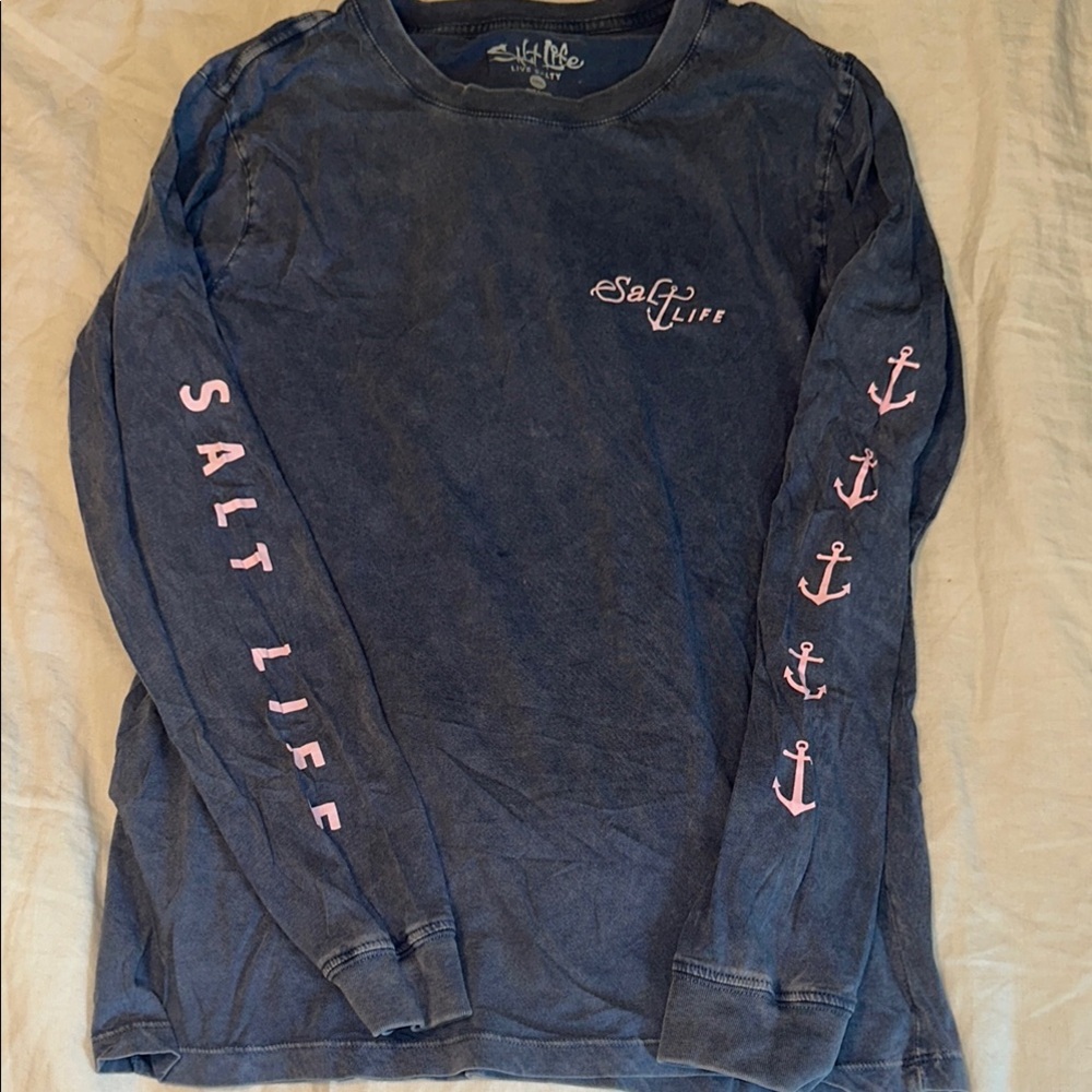 Salt Life Navy Long Sleeve Shirt with Pink Anchors